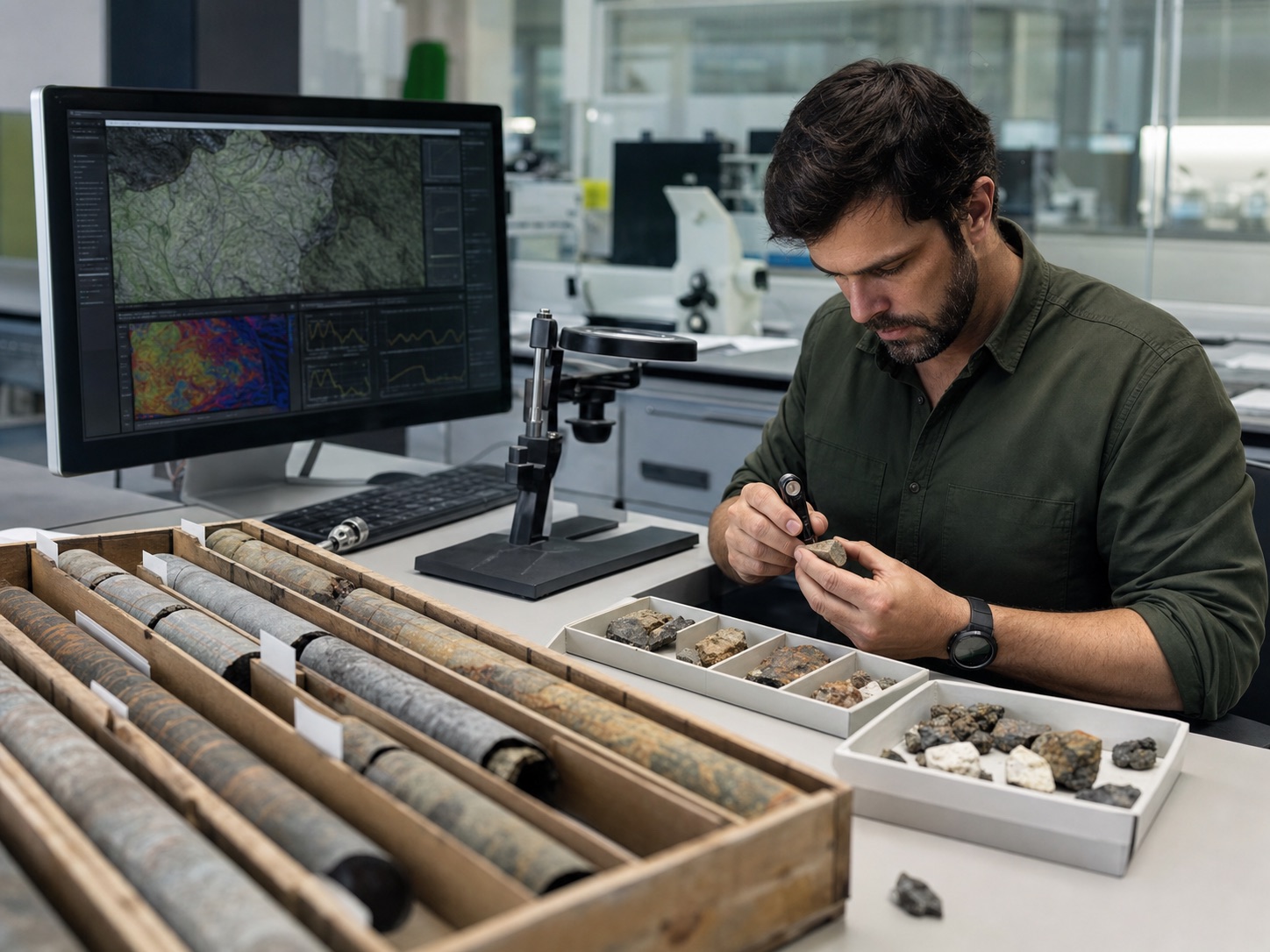 Geologist analyzes drill core in a laboratory