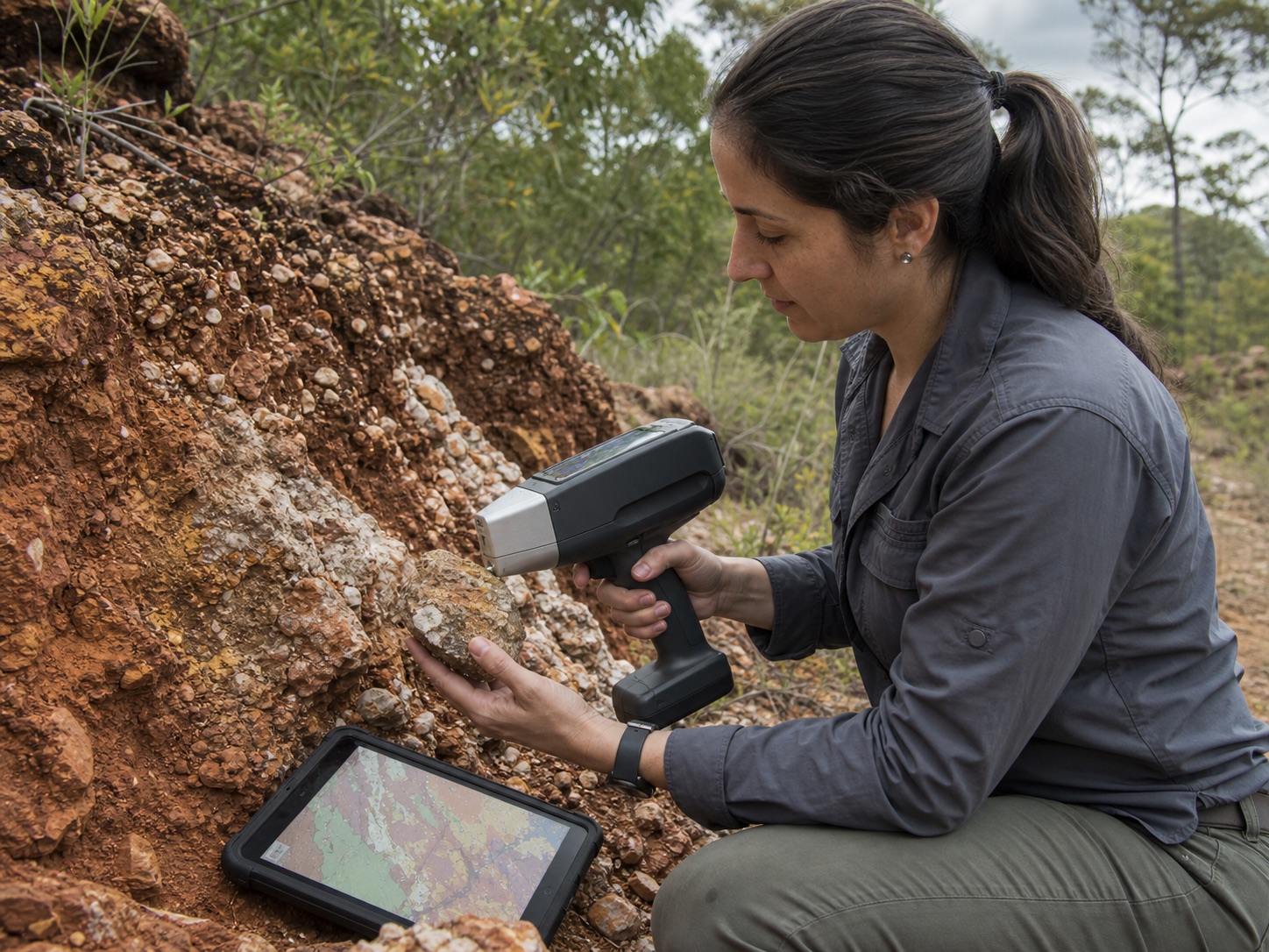 Geologist examines minerals in a Brazilian rock outcrop