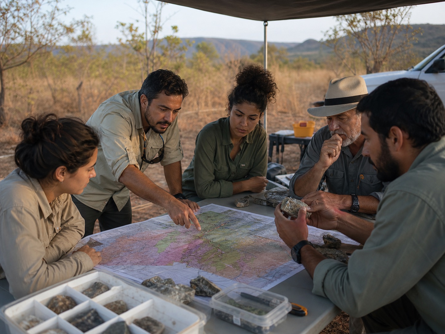 Team plans a geological investigation using a field map