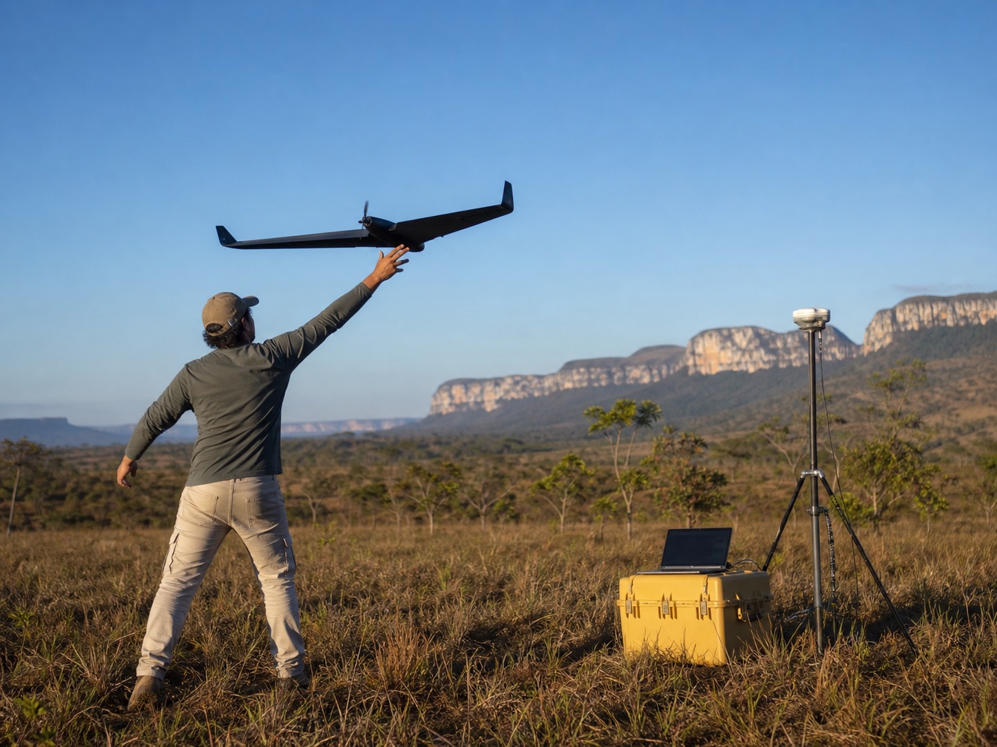 Operator launches a drone for remote sensing