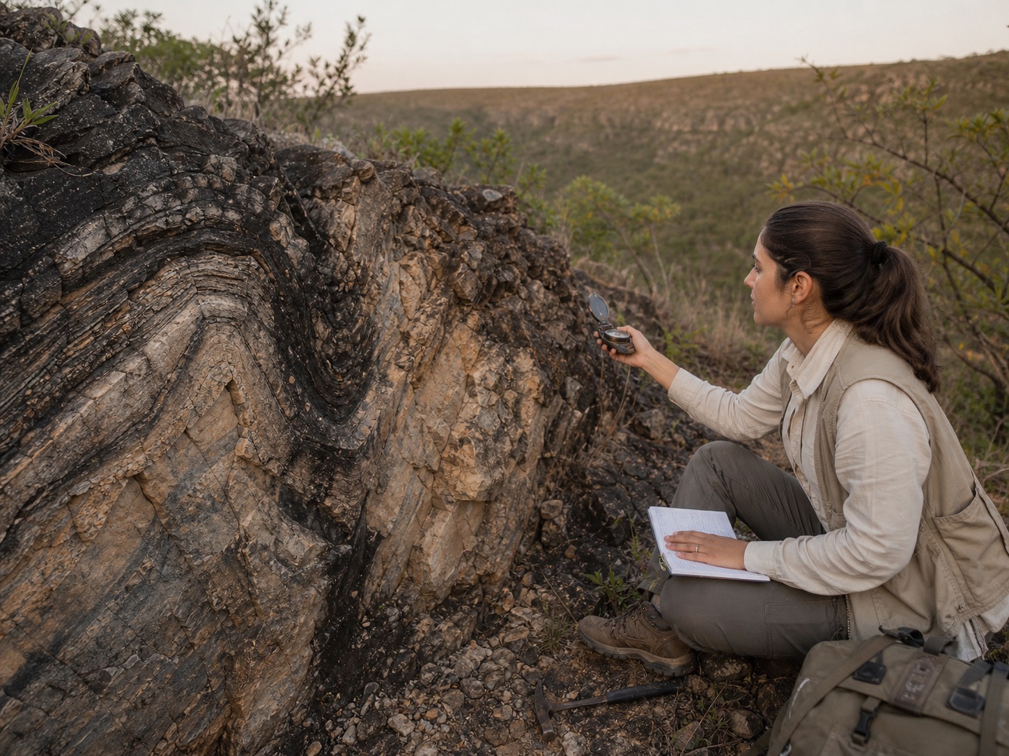 Geologist documents structures in a rock outcrop